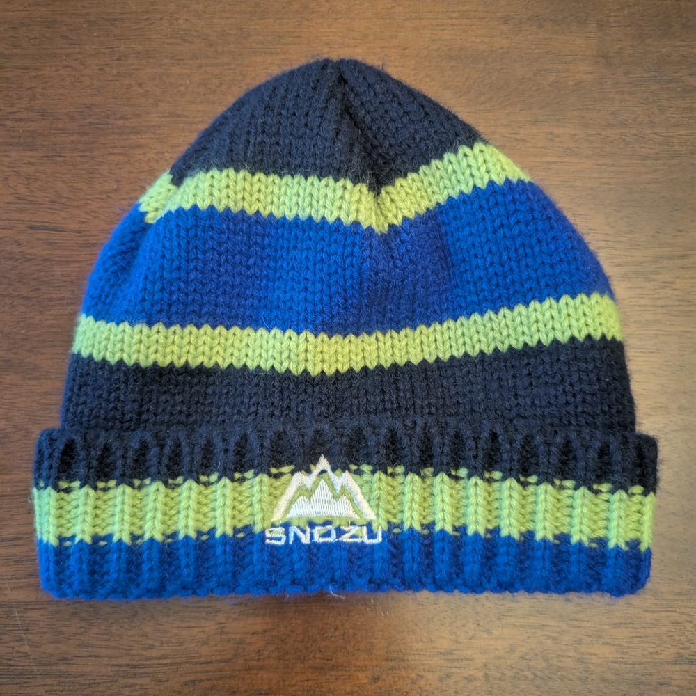 Snozu Striped Knit Beanie in Navy, Blue & Lime